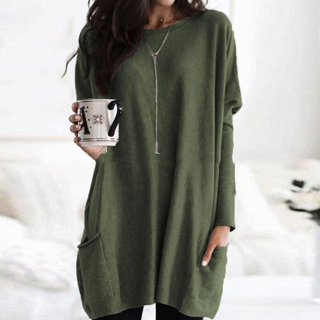 Damen Oversize Longpullover zu Leggings tragbar mit Taschen Rundhals - Dunkelgrün