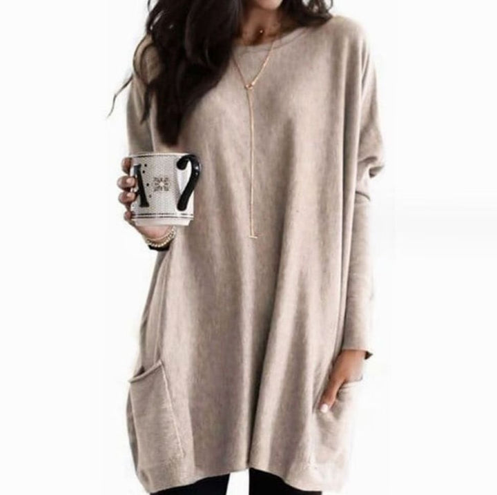 Damen Oversize Longpullover zu Leggings tragbar mit Taschen Rundhals - Beige