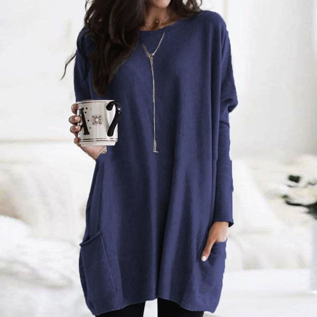 Damen Oversize Longpullover zu Leggings tragbar mit Taschen Rundhals - Blau