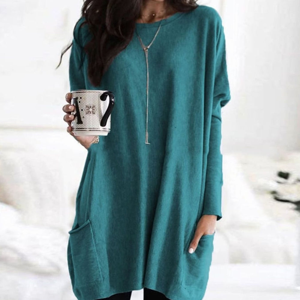 Damen Oversize Longpullover zu Leggings tragbar mit Taschen Rundhals - Hellgrün