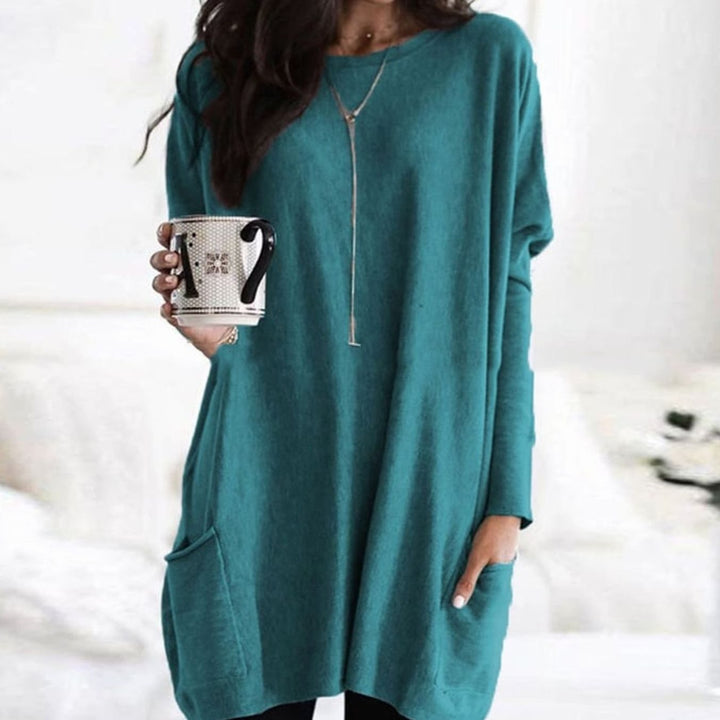 Damen Oversize Longpullover zu Leggings tragbar mit Taschen Rundhals - Hellgrün