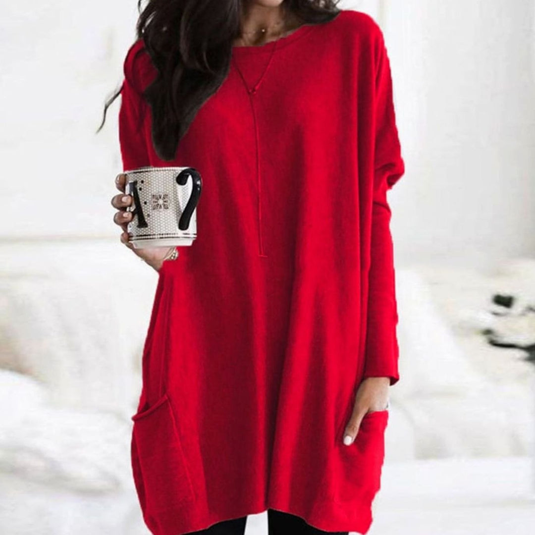 Damen Oversize Longpullover zu Leggings tragbar mit Taschen Rundhals - Rot