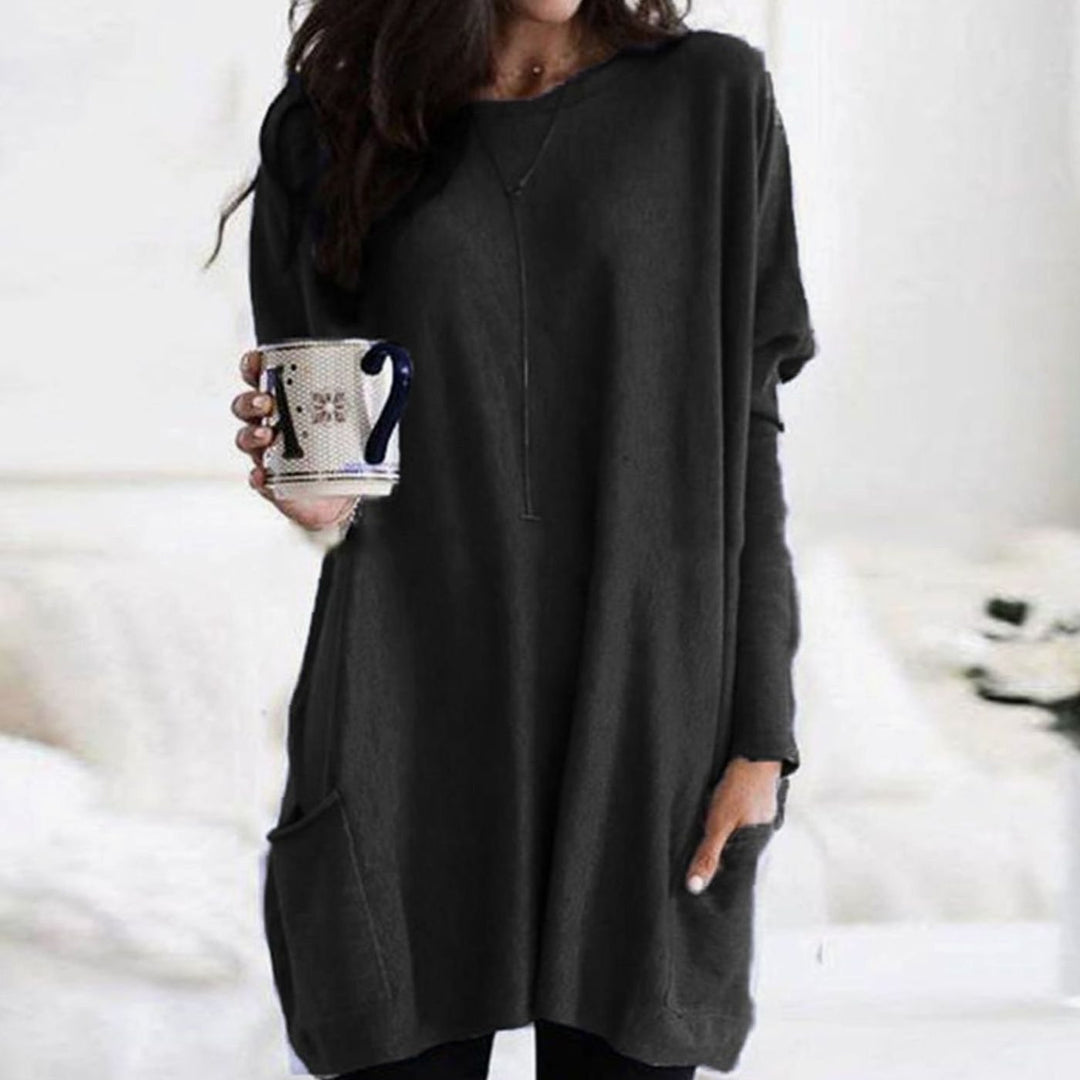 Damen Oversize Longpullover zu Leggings tragbar mit Taschen Rundhals - Schwarz