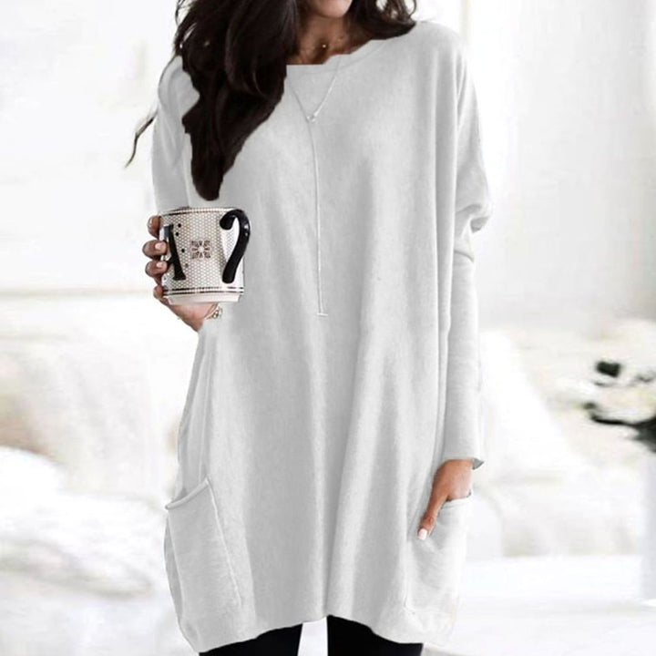 Damen Oversize Longpullover zu Leggings tragbar mit Taschen Rundhals - Weiß