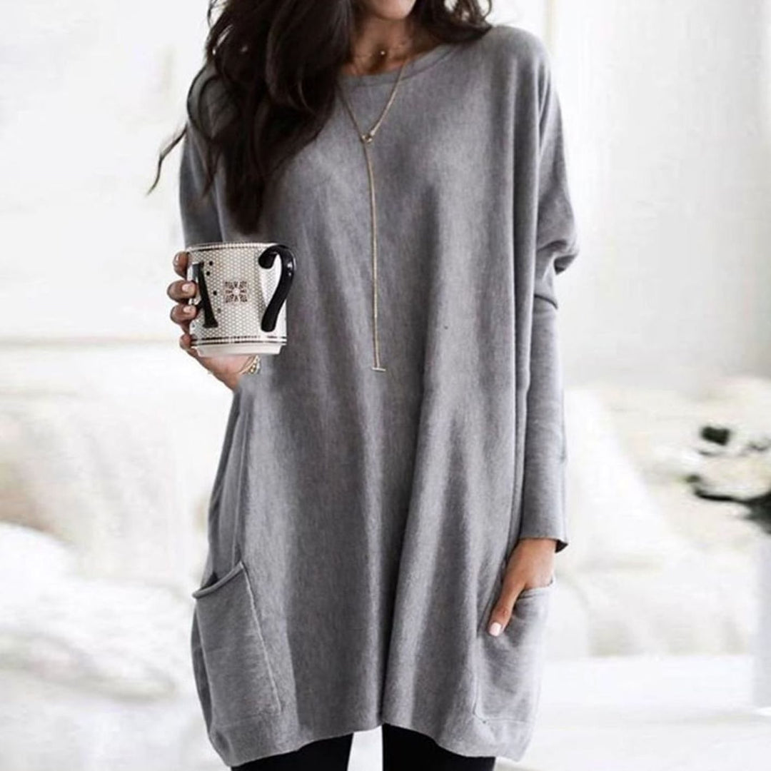 Damen Oversize Longpullover zu Leggings tragbar mit Taschen Rundhals - Grau
