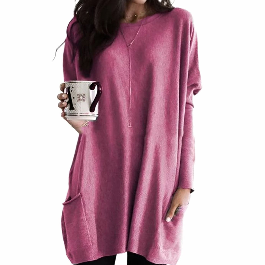 Damen Oversize Longpullover zu Leggings tragbar mit Taschen Rundhals - Rosa