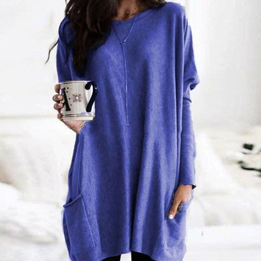 Damen Oversize Longpullover zu Leggings tragbar mit Taschen Rundhals - Lila