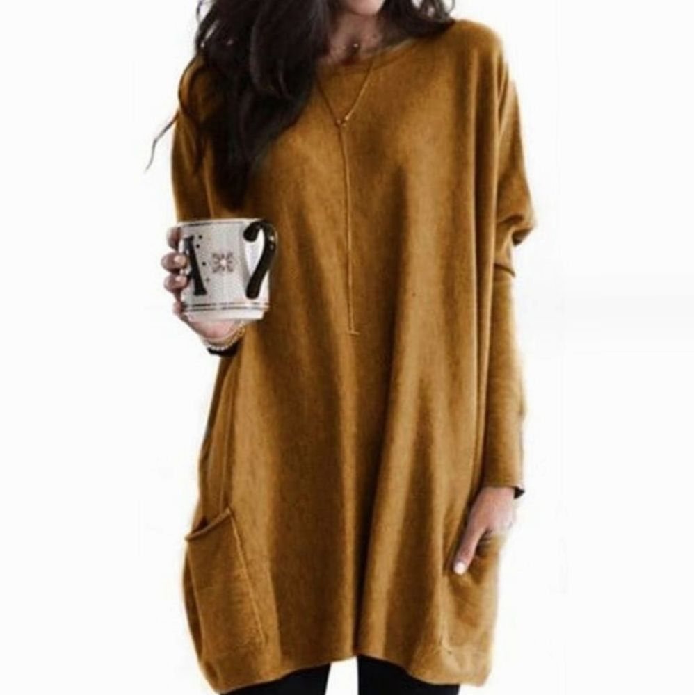 Damen Oversize Longpullover zu Leggings tragbar mit Taschen Rundhals - Khaki
