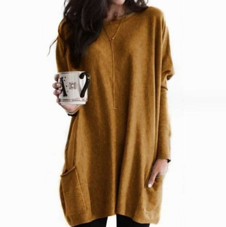 Damen Oversize Longpullover zu Leggings tragbar mit Taschen Rundhals - Khaki