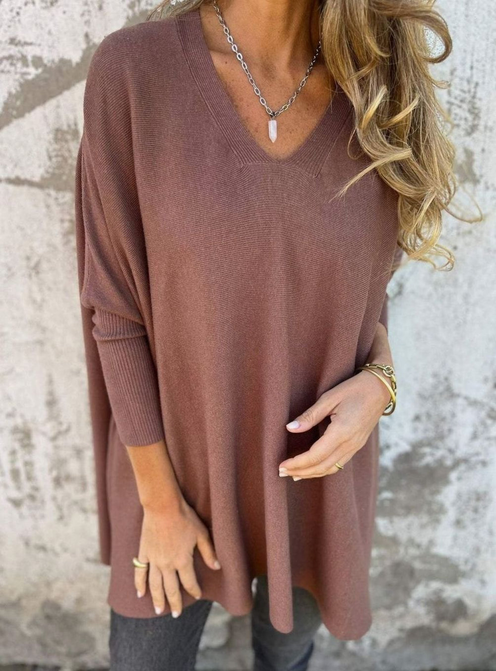 Damen Oversize-Strickpullover lockerer Passform und V-Ausschnitt - Braun