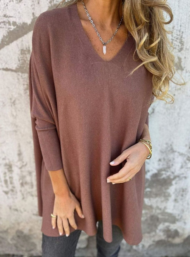 Damen Oversize-Strickpullover lockerer Passform und V-Ausschnitt - Braun