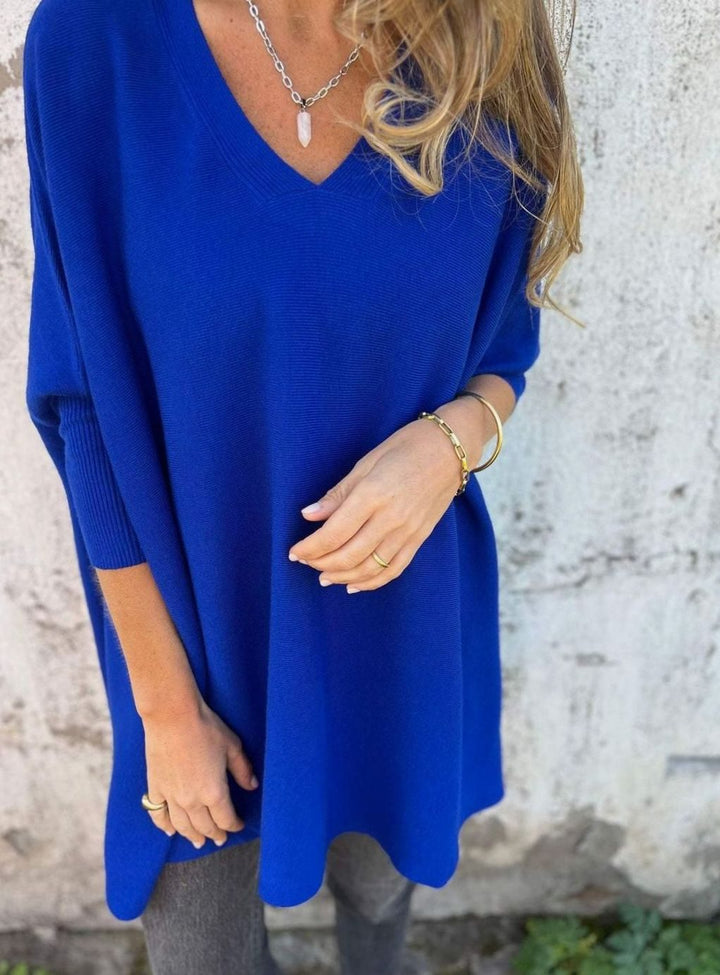 Damen Oversize-Strickpullover lockerer Passform und V-Ausschnitt - Marineblau