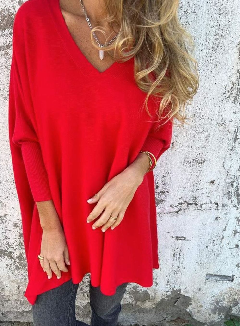 Damen Oversize-Strickpullover lockerer Passform und V-Ausschnitt - Rot