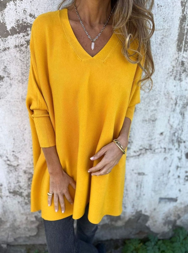 Damen Oversize-Strickpullover lockerer Passform und V-Ausschnitt - Gelb