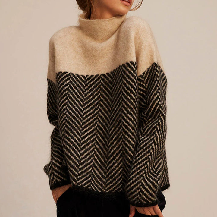 Damen Oversize-Strickpullover mit hohem Kragen im Fischgrätmuster - Eichenbraun