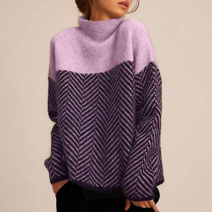 Damen Oversize-Strickpullover mit hohem Kragen im Fischgrätmuster - Flieder-Violett