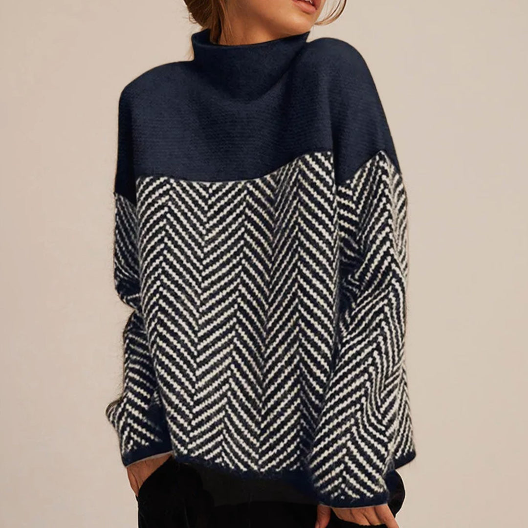 Damen Oversize-Strickpullover mit hohem Kragen im Fischgrätmuster - Nachtblau