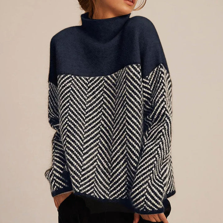 Damen Oversize-Strickpullover mit hohem Kragen im Fischgrätmuster - Nachtblau