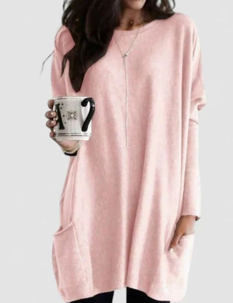 Damen Oversize Tunikakleid mit Langen Ärmeln und Taschen - Rosa