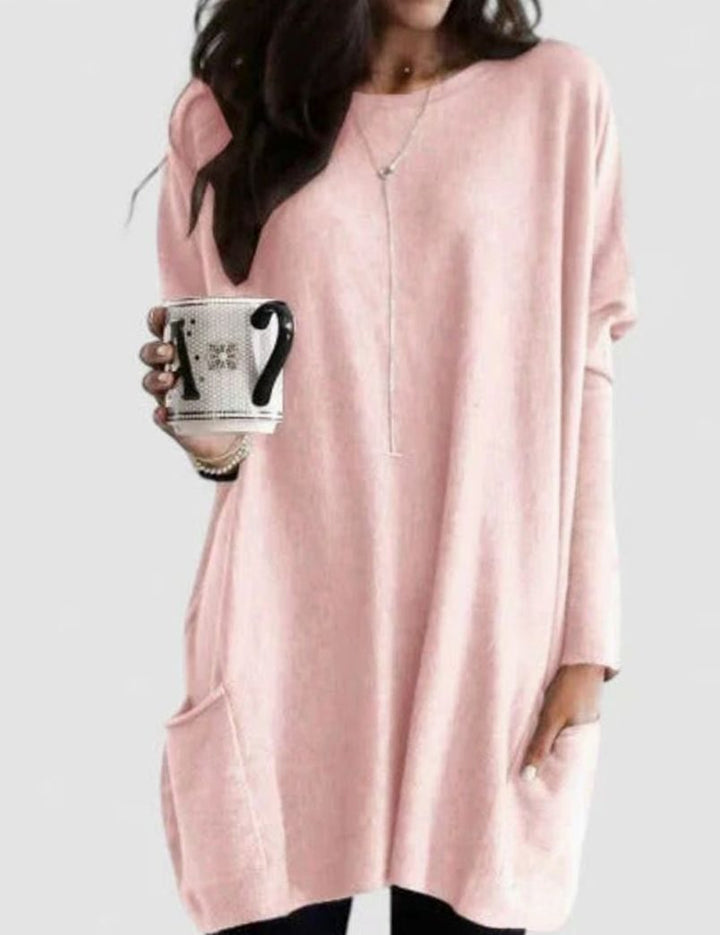 Damen Oversize Tunikakleid mit Langen Ärmeln und Taschen - Rosa