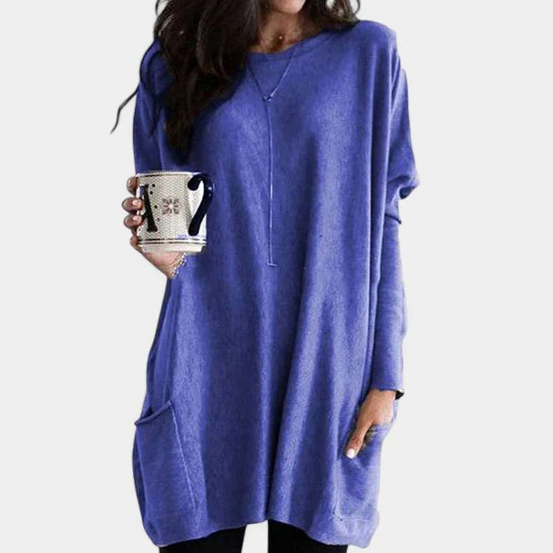 Damen Oversize Tunikakleid mit Langen Ärmeln und Taschen - Blau