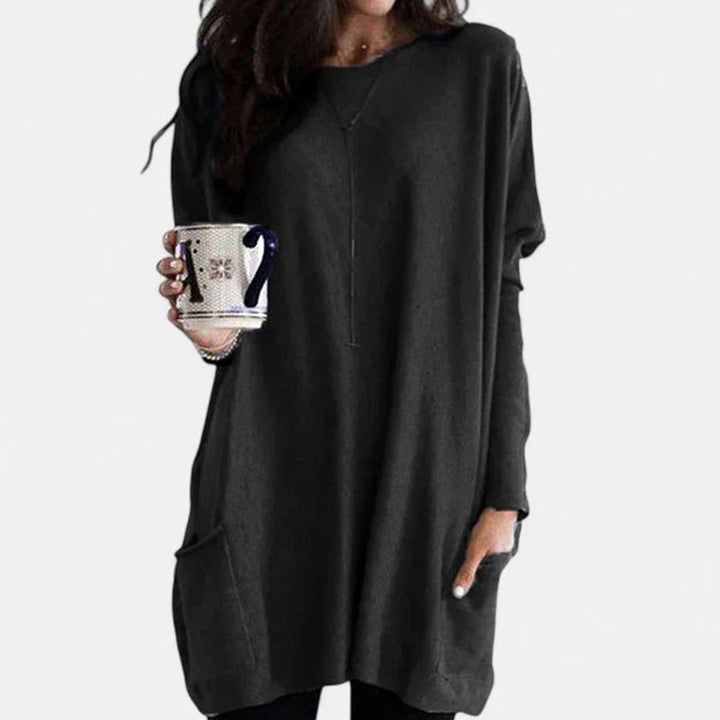 Damen Oversize Tunikakleid mit Langen Ärmeln und Taschen - Schwarz
