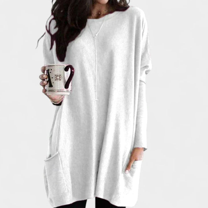Damen Oversize Tunikakleid mit Langen Ärmeln und Taschen - Weiß