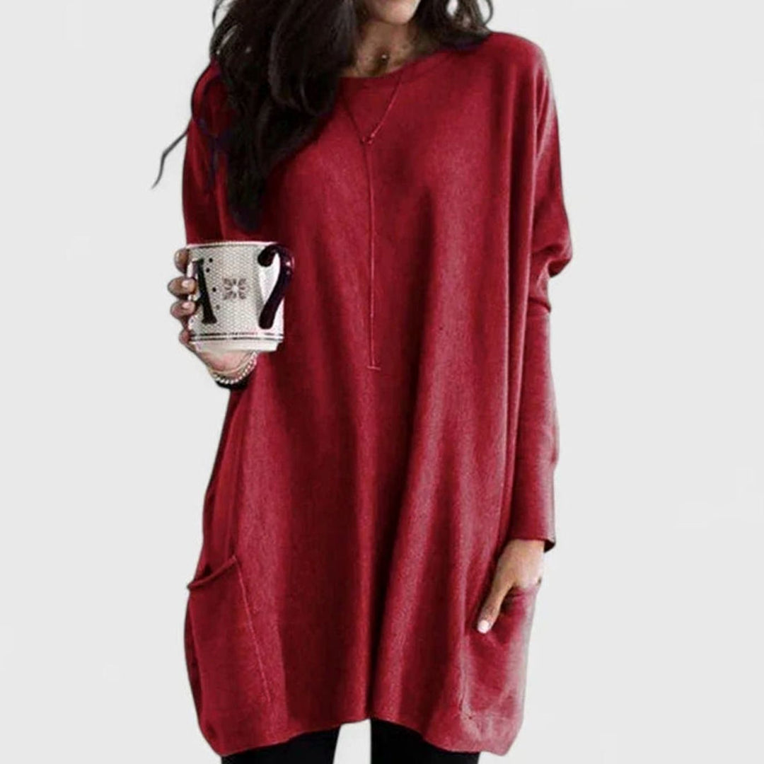 Damen Oversize Tunikakleid mit Langen Ärmeln und Taschen - Rot