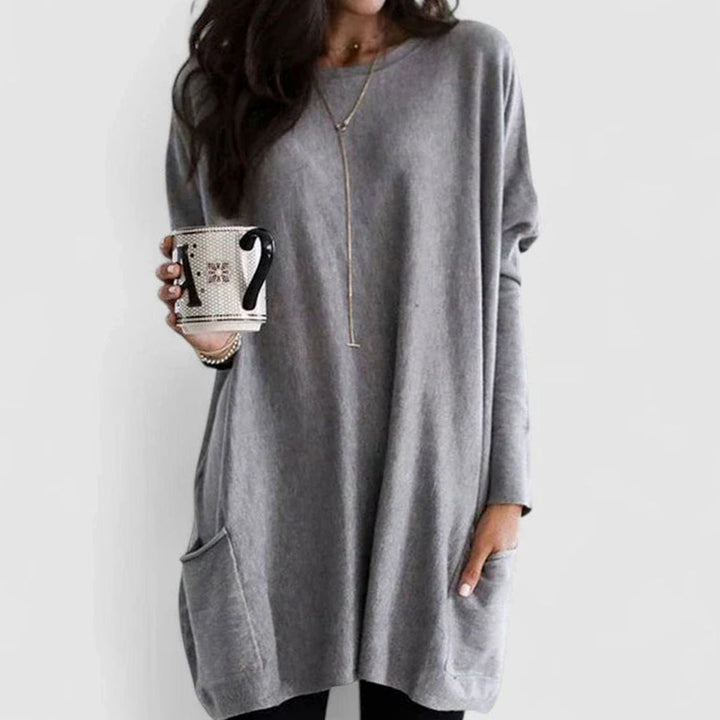 Damen Oversize Tunikakleid mit Langen Ärmeln und Taschen - Grau