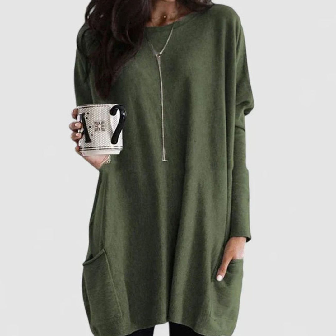 Damen Oversize Tunikakleid mit Langen Ärmeln und Taschen - Olivgrün
