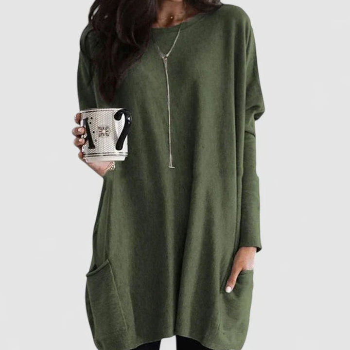 Damen Oversize Tunikakleid mit Langen Ärmeln und Taschen - Olivgrün