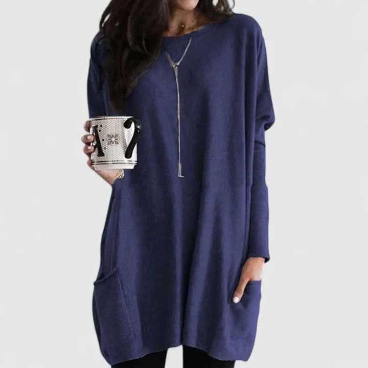 Damen Oversize Tunikakleid mit Langen Ärmeln und Taschen - Marineblau
