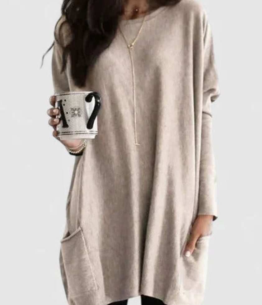 Damen Oversize Tunikakleid mit Langen Ärmeln und Taschen - Beige