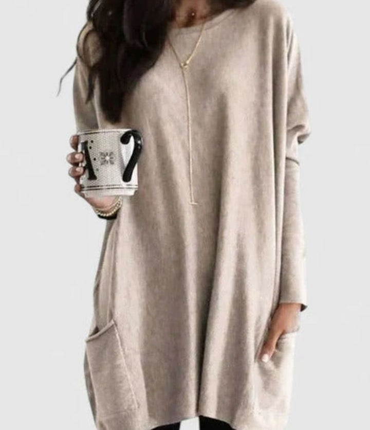 Damen Oversize Tunikakleid mit Langen Ärmeln und Taschen - Beige