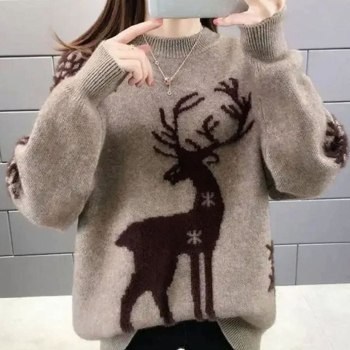 Damen Oversize Weihnachtspullover mit Rentiermotiv Rundhals Strickpullover - Braun