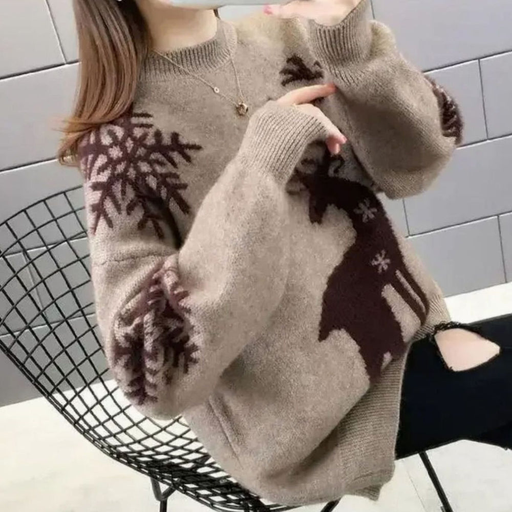 Damen Oversize Weihnachtspullover mit Rentiermotiv Rundhals Strickpullover