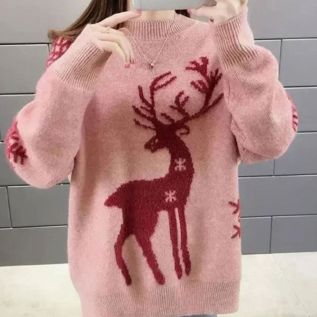 Damen Oversize Weihnachtspullover mit Rentiermotiv Rundhals Strickpullover - Rosa