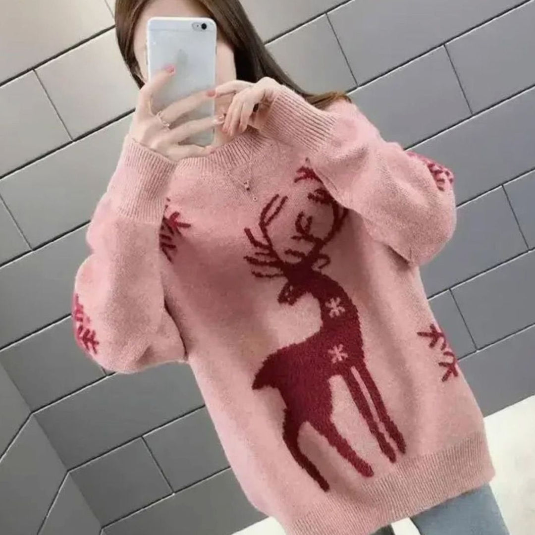 Damen Oversize Weihnachtspullover mit Rentiermotiv Rundhals Strickpullover