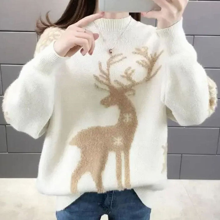 Damen Oversize Weihnachtspullover mit Rentiermotiv Rundhals Strickpullover - Weiß