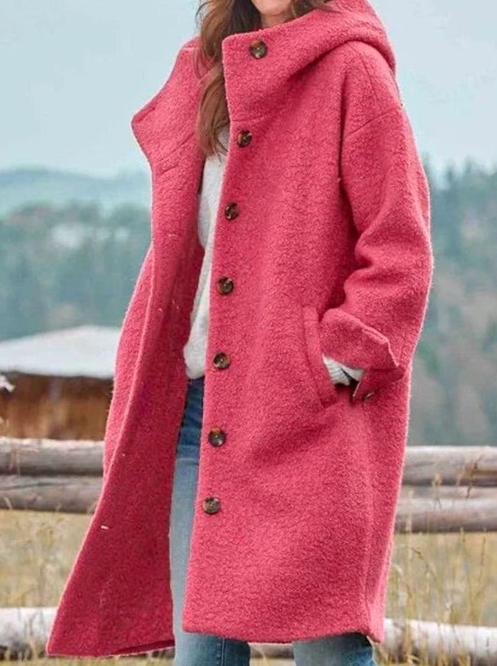 Damen Oversize Wintermantel mit Knopfleiste und Kapuze - Rosa