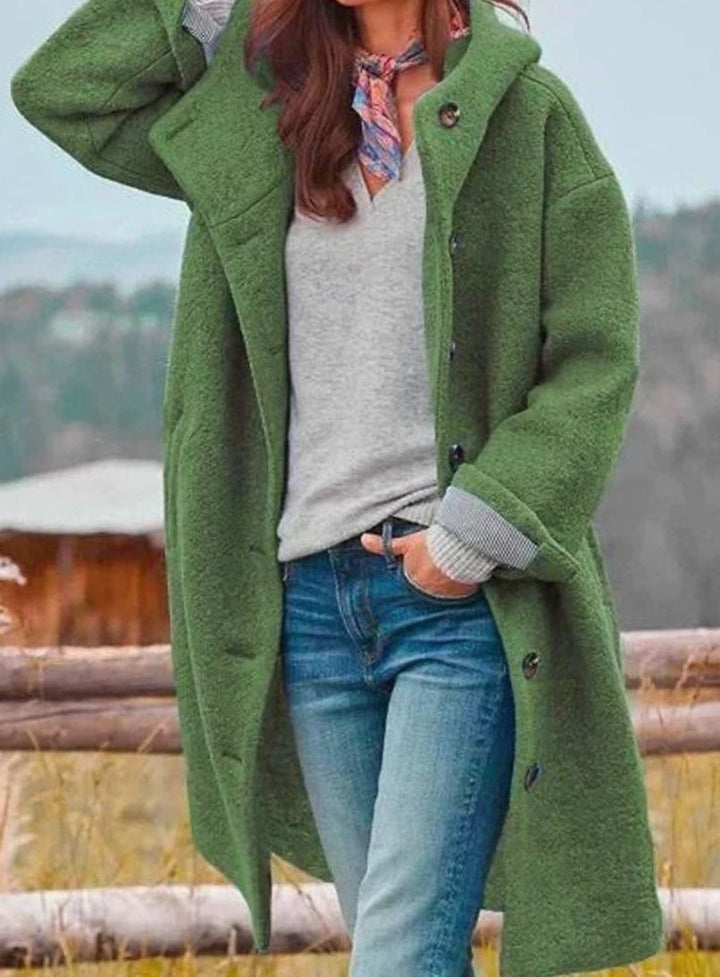 Damen Oversize Wintermantel mit Knopfleiste und Kapuze - Grün