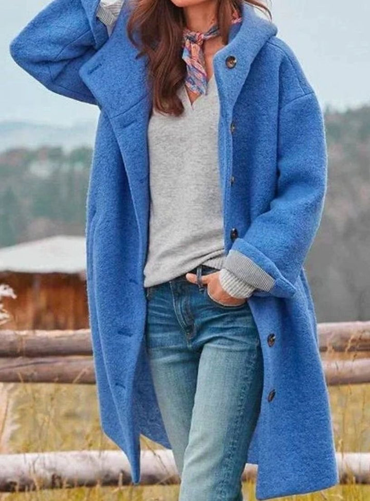 Damen Oversize Wintermantel mit Knopfleiste und Kapuze - Blau
