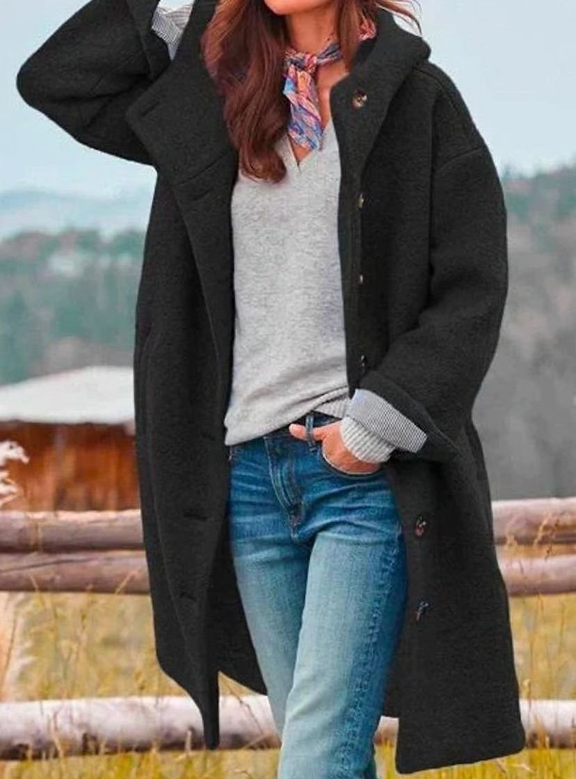Damen Oversize Wintermantel mit Knopfleiste und Kapuze - Schwarz