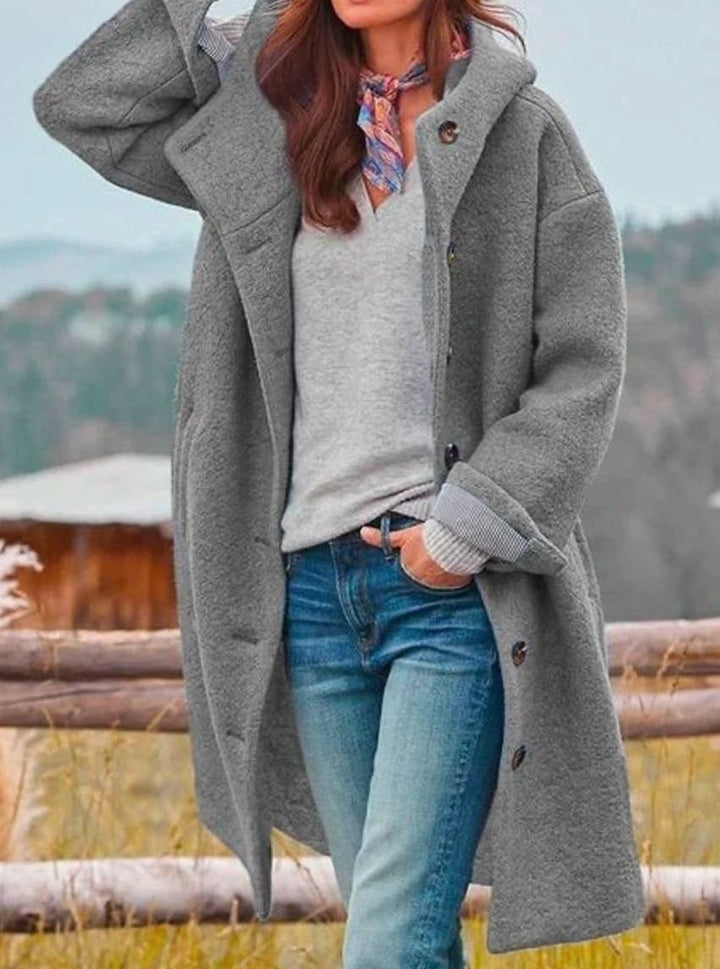 Damen Oversize Wintermantel mit Knopfleiste und Kapuze - Grau