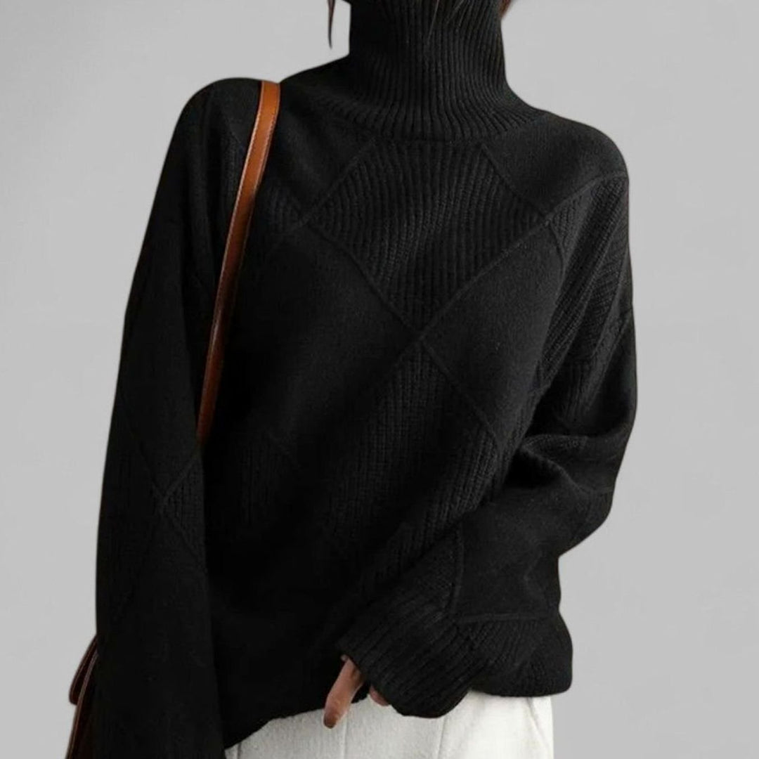 Damen Oversized Rollkragen Strickpullover mit Rautenmuster - Schwarz