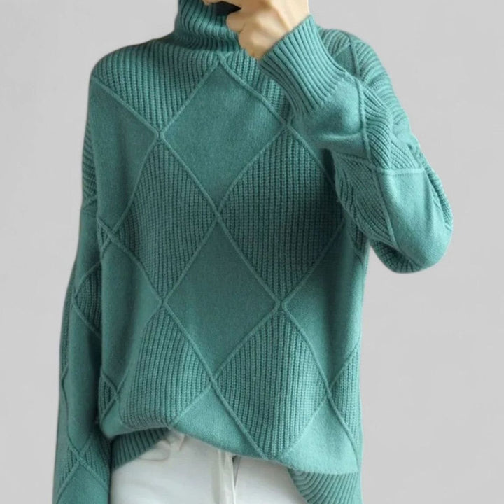 Damen Oversized Rollkragen Strickpullover mit Rautenmuster - Türkis