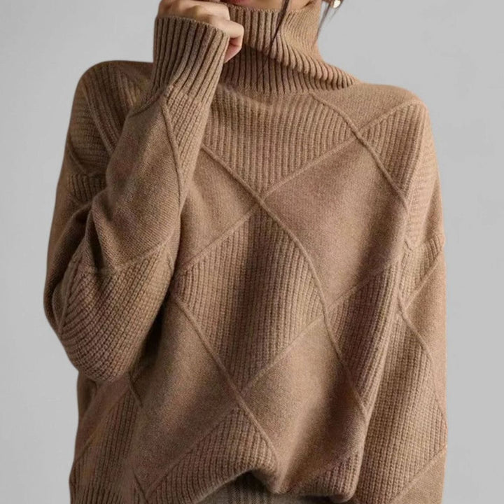 Damen Oversized Rollkragen Strickpullover mit Rautenmuster - Kamel