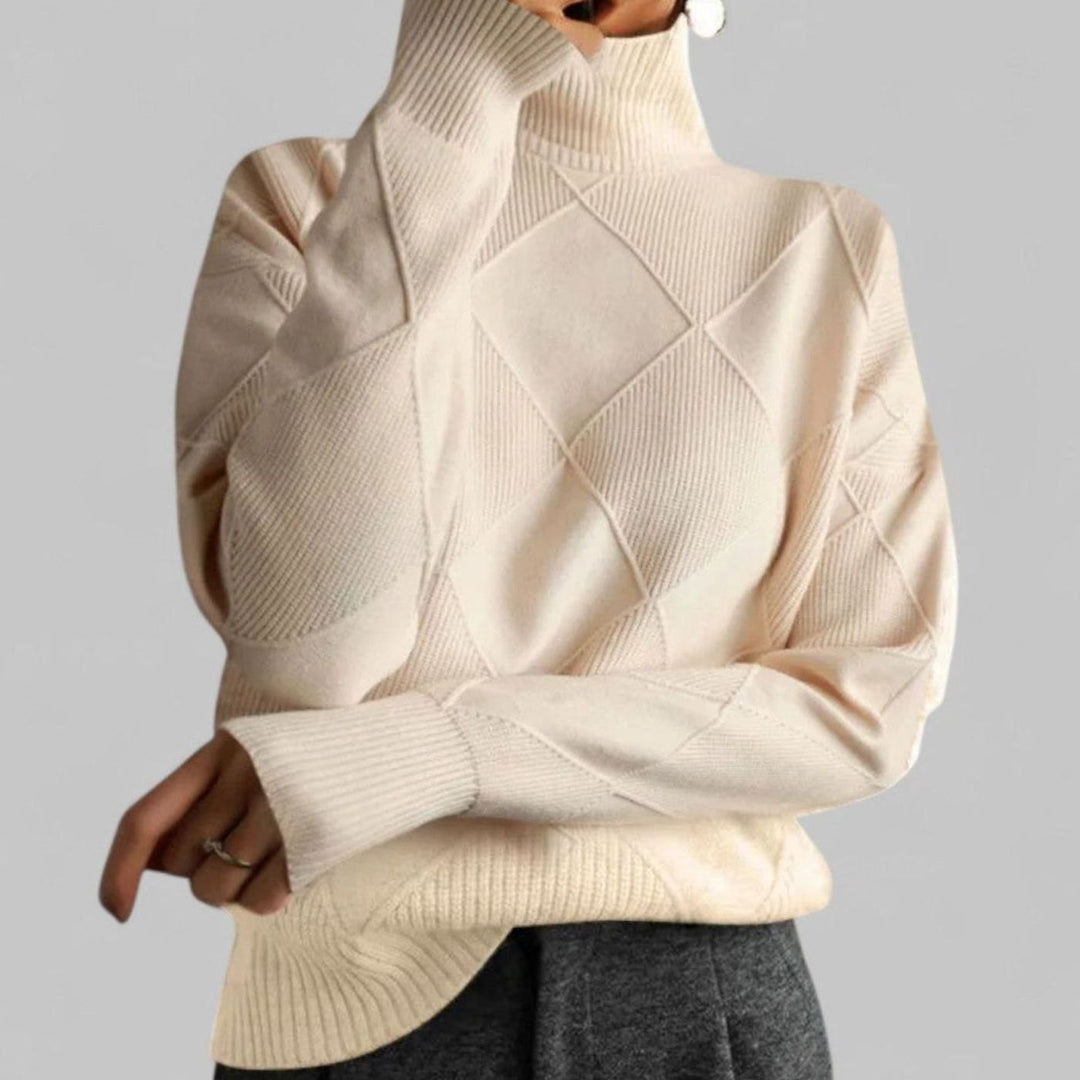 Damen Oversized Rollkragen Strickpullover mit Rautenmuster - Beige