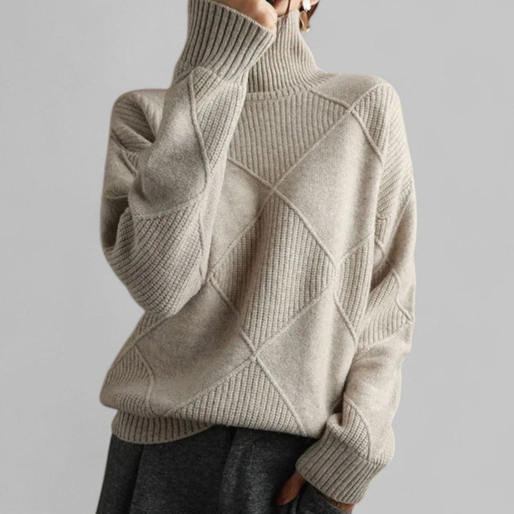 Damen Oversized Rollkragen Strickpullover mit Rautenmuster - Grau
