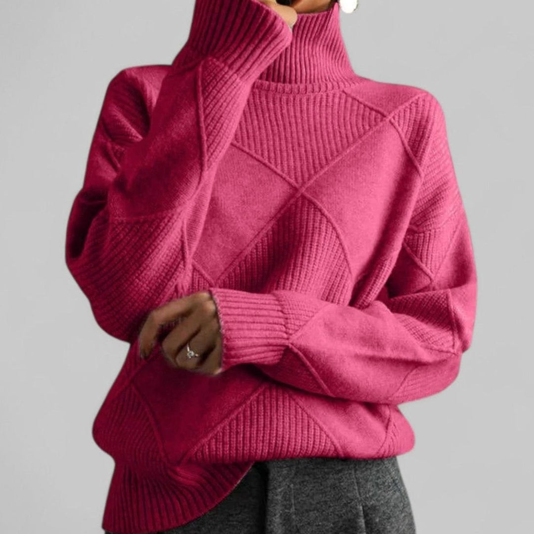 Damen Oversized Rollkragen Strickpullover mit Rautenmuster - Rosa